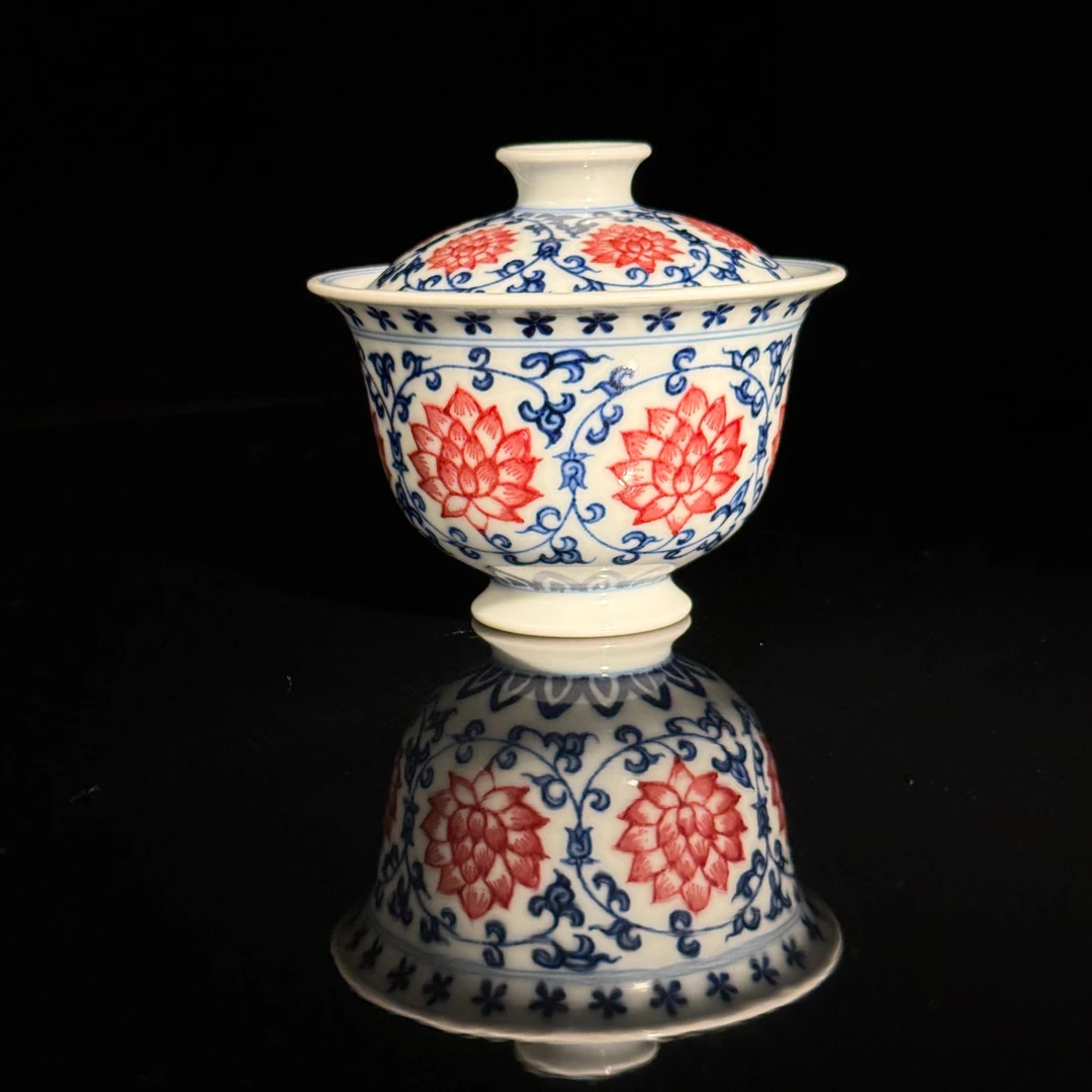 拾月谨制-青花金刚莲釉里红岩茶盖碗泡茶神器家用文创礼品杯子