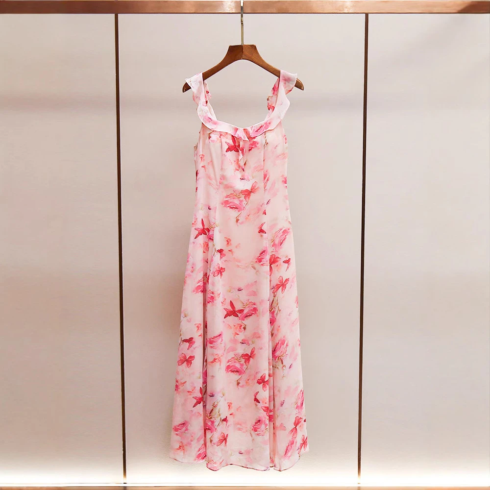深圳南油高端女装夏季法式浪漫度假风印花长款雪纺吊带连衣裙a字