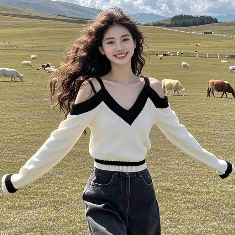 拉夏贝尔【商场同款】新款秋季短款露肩针织衫女设计感小众别致洋