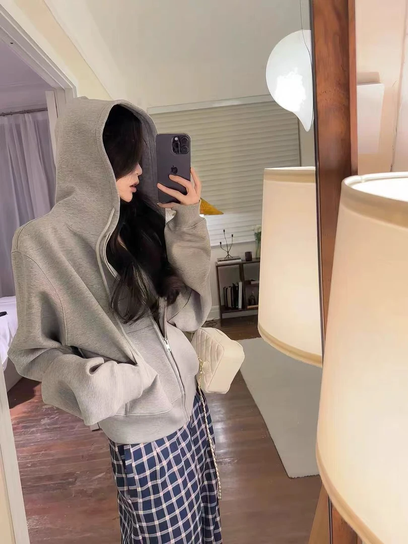 宽松慵懒风运动开衫外套女秋冬季国潮纯色加绒加厚学生连帽卫衣潮