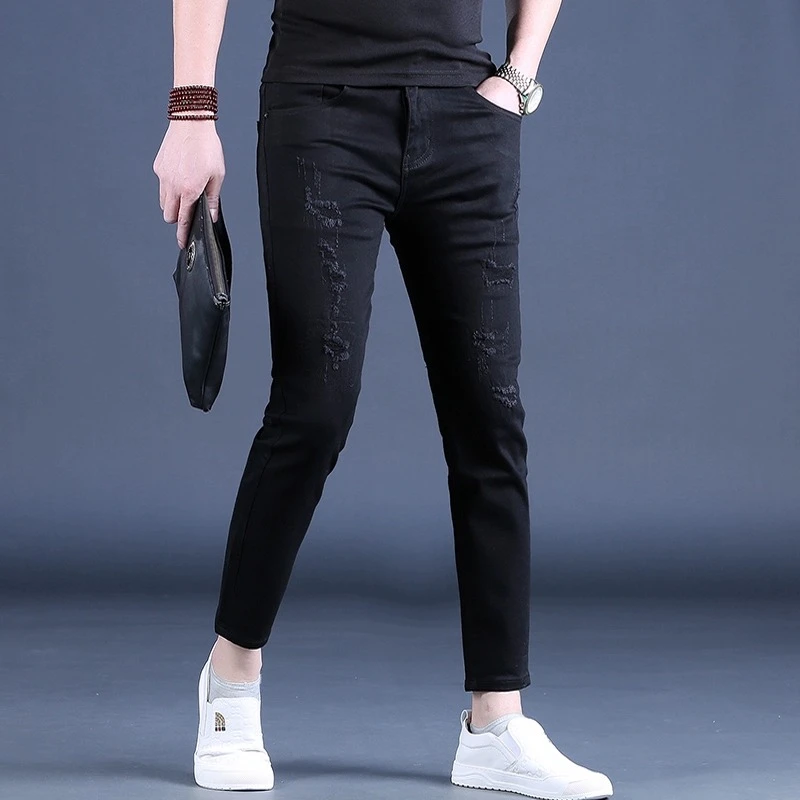 九分裤男破洞牛仔裤潮牌修身小脚显瘦2025新款9分男士休闲裤薄款