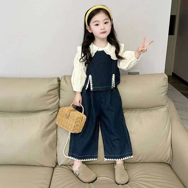 2025春季新款女童时髦翻领衬衫套装中小童洋气百搭牛仔马甲休闲裤
