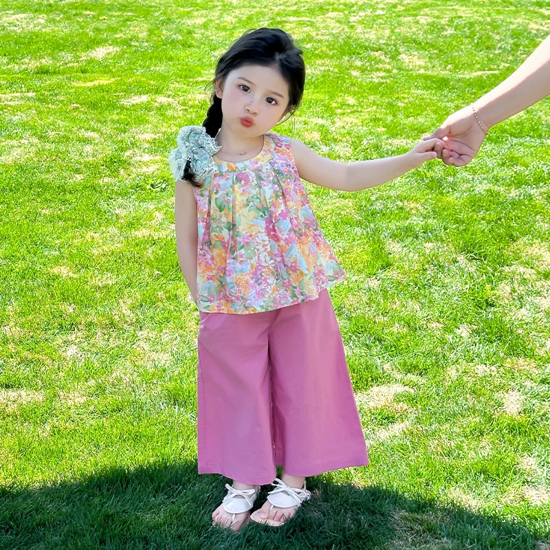 女童夏季2025新款碎花背心上衣薄款洋气阔腿裤夏装两件套韩系童装