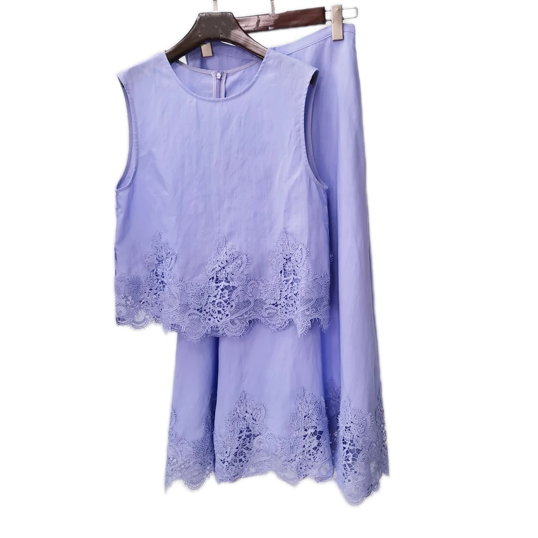 SY271欧货2025夏新款时尚百搭镂空蕾丝拼无袖上衣+半身裙套装