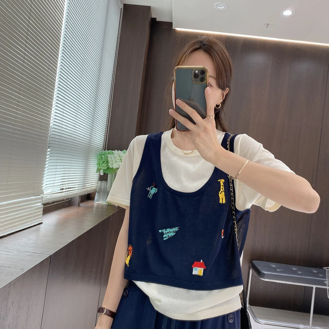 IMFLY金小金自制女装 针织衫DYW9255夏季时尚刺绣假两件针织短袖