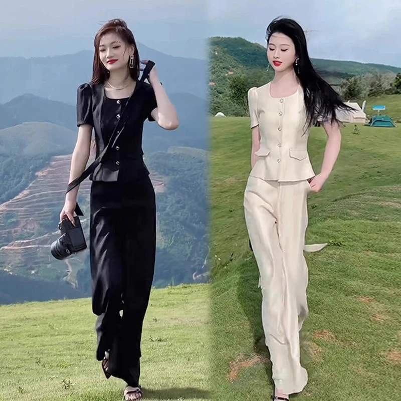 La babite 时尚两件套夏季新款洋气收腰显瘦上衣百搭休闲裤套装女