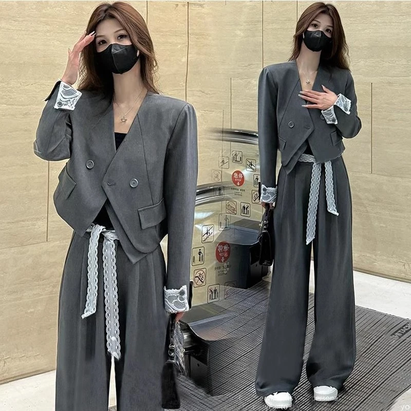 时尚套装女2025春季新款洋气显瘦百搭短款小西装外套阔腿裤两件套