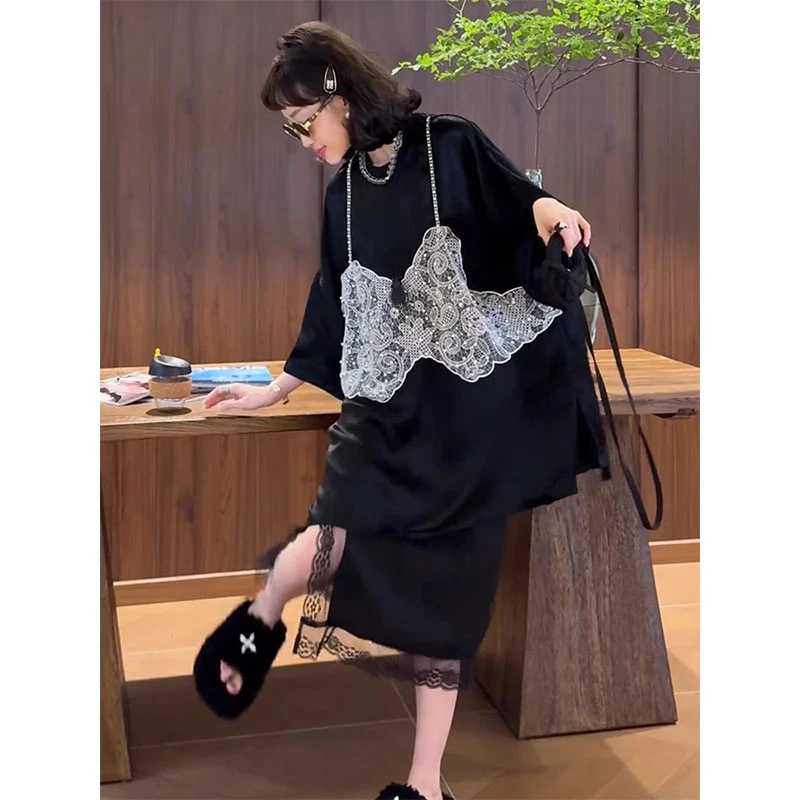 欧洲站2025夏季新款洋气百搭宽松中长款T恤高腰纯色半身裙两件套