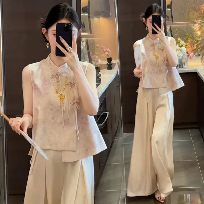 休闲复古文雅套装女2025年夏季新款轻奢高级感无袖马甲长裤两件套