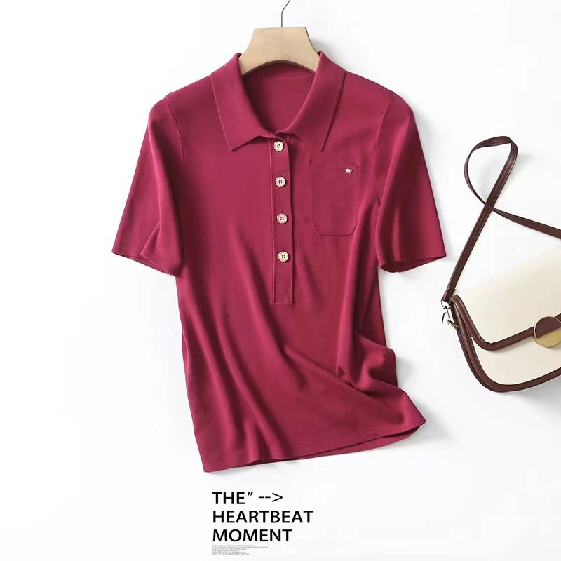 针织短袖POLO天丝衬衫领短袖针织衫口袋上衣女