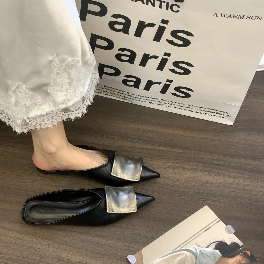 法式金属方扣包头半拖鞋女外穿2025新款夏季内增高拖鞋女鞋外穿