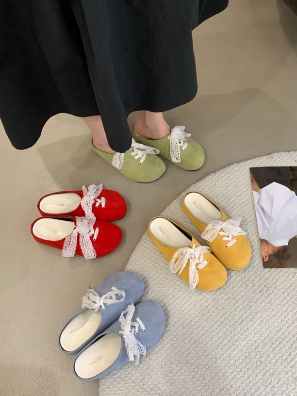 N 9266-22 韩版多巴胺蕾丝带包头半拖鞋女2025夏季新百搭厚底拖鞋