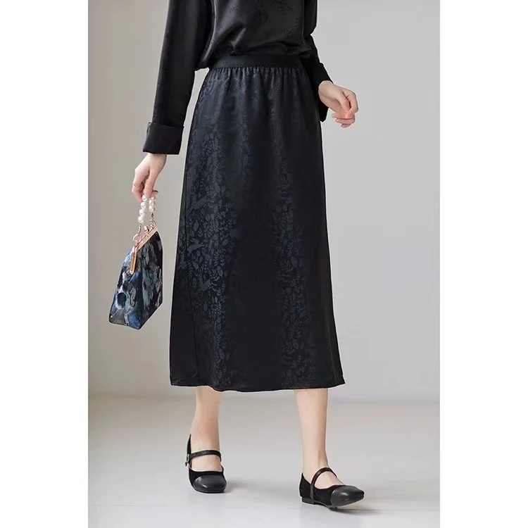 545【提花缎面半身裙】醋酸提花新中式风中长款垂感A字开叉裙18179