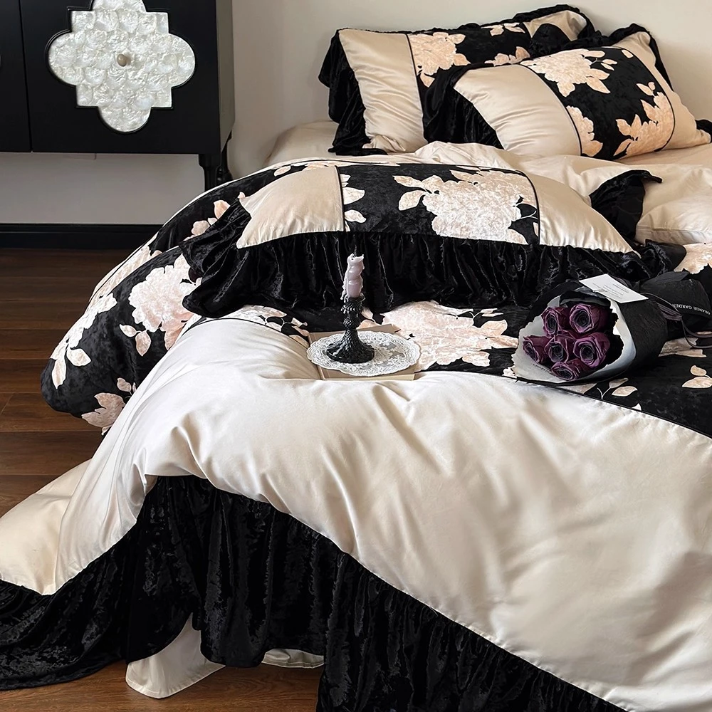 法式复古风100S全棉磨毛四件套秋冬加厚纯棉黑金印花被套床上用品