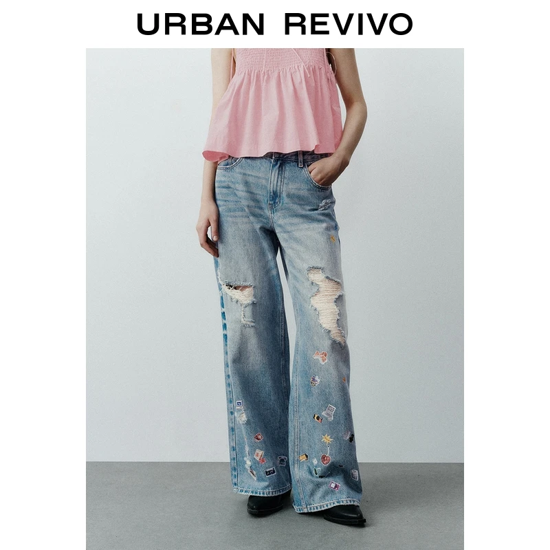 UR2025秋季新款女装艺术感趣味图案破洞牛仔长裤UYV850097