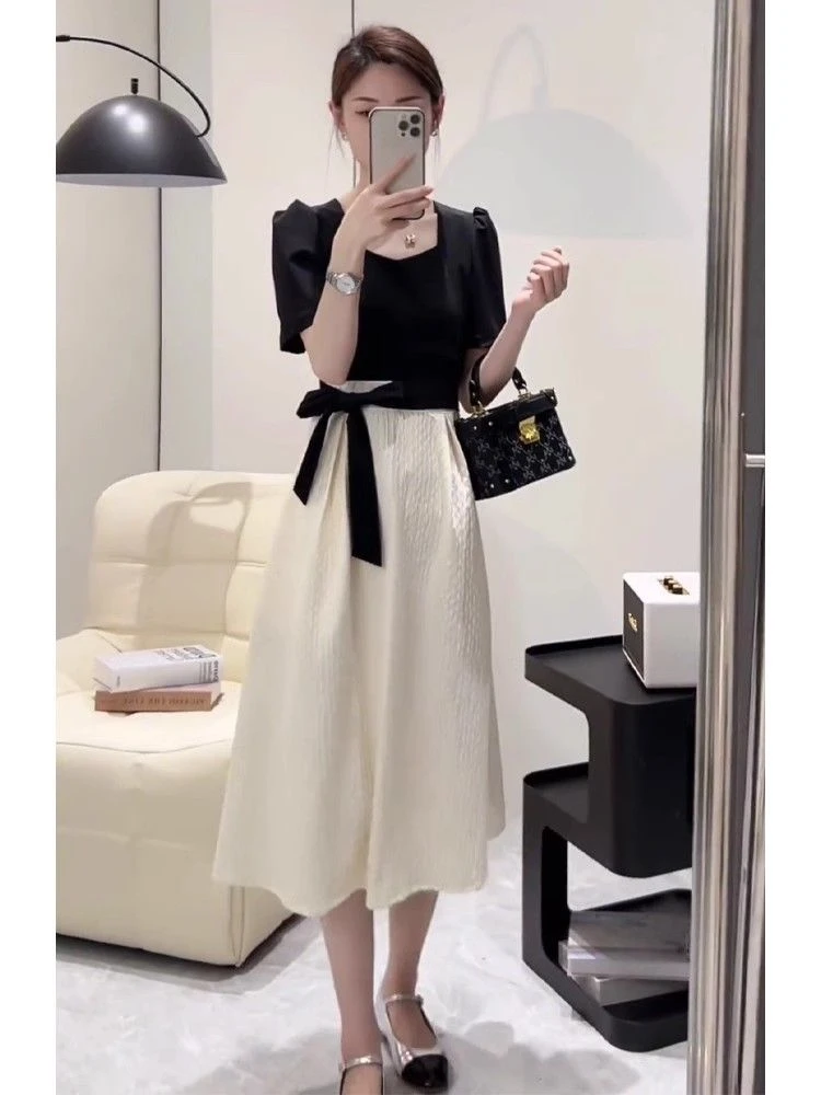 夏季新款御姐风假两件方领连衣裙女高级感气质修身遮肚子显瘦裙子