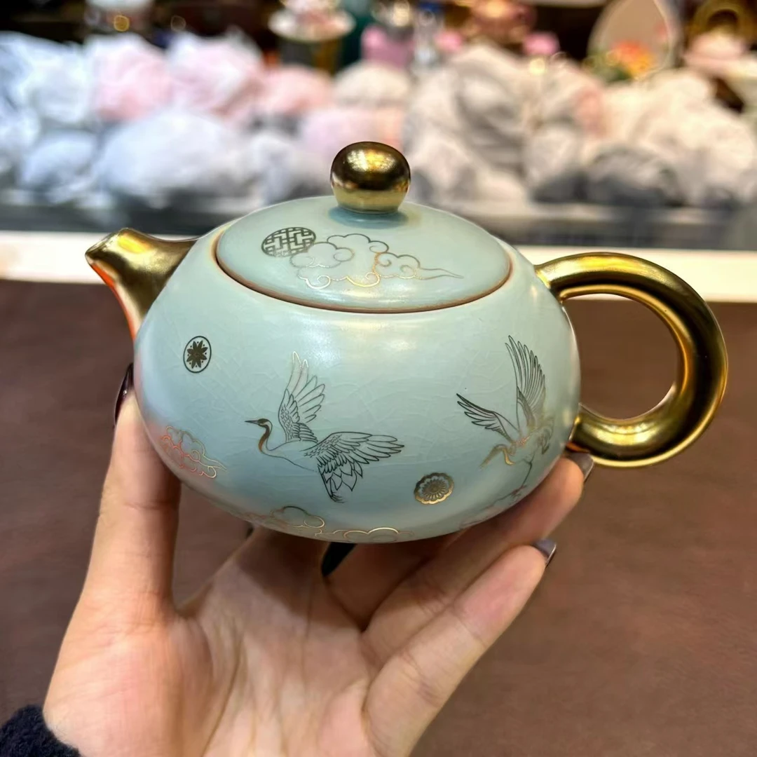 于舒天青汝窑瑞鹤呈祥描金西施壶5680