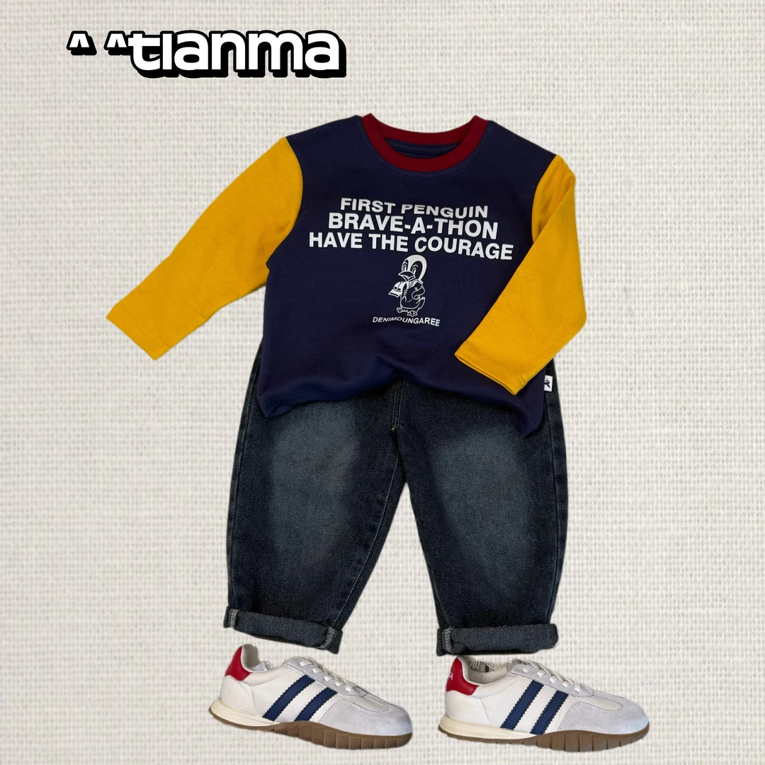 【企鹅印花撞色长袖T】WD591秋季萌娃童装穿搭纯棉韩版圆领长袖针织