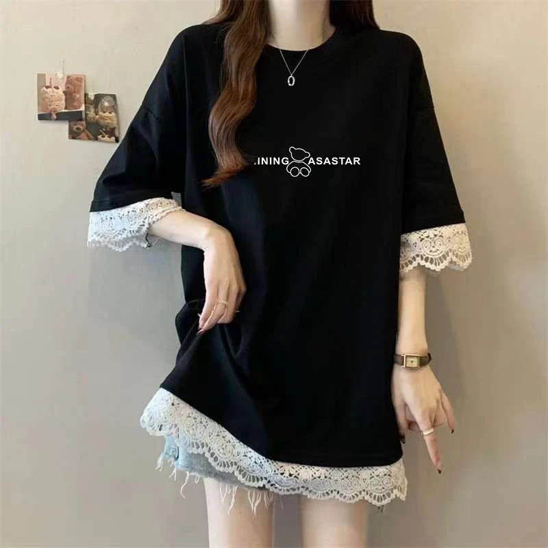 2025春秋冬季设计感磨毛短袖t恤女蕾丝拼接宽松加厚款打底衫上衣