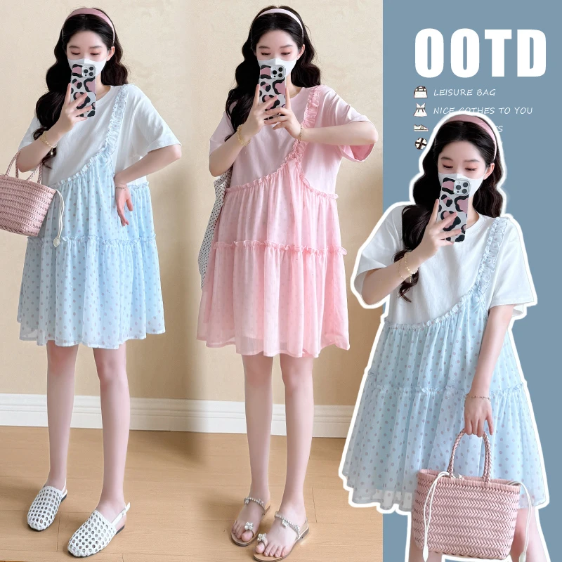 小个子2025夏季新款韩版拼接假两件孕妇连衣裙孕期法式穿搭短裙