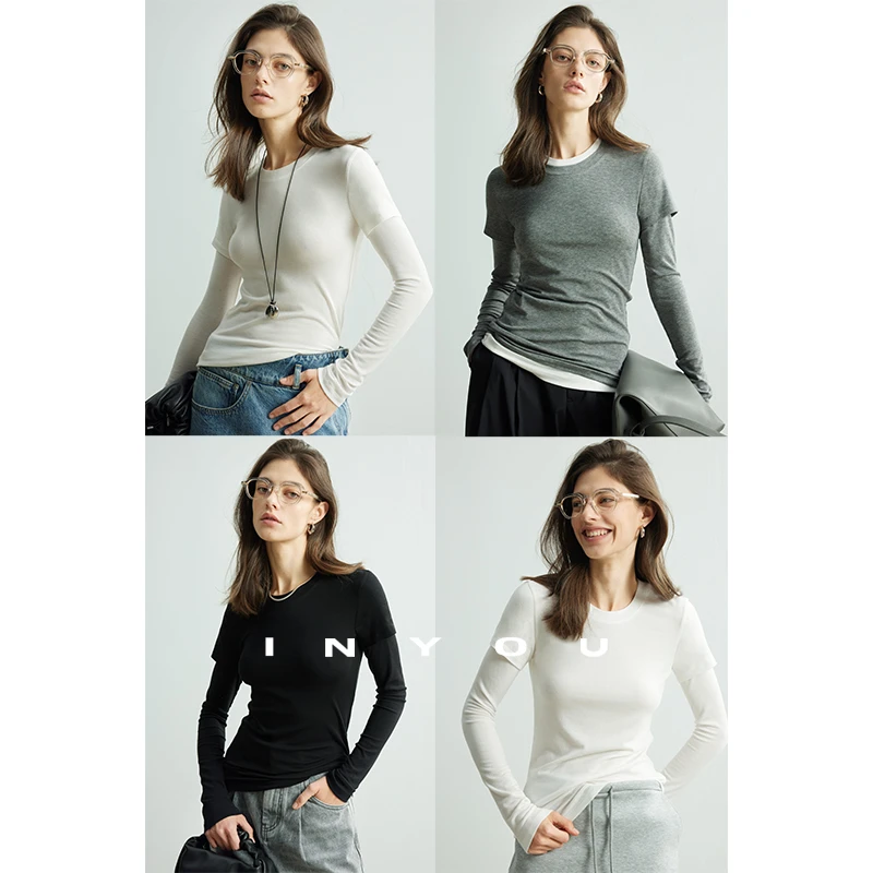 空气感纸片人修身显瘦假两件打底长袖T