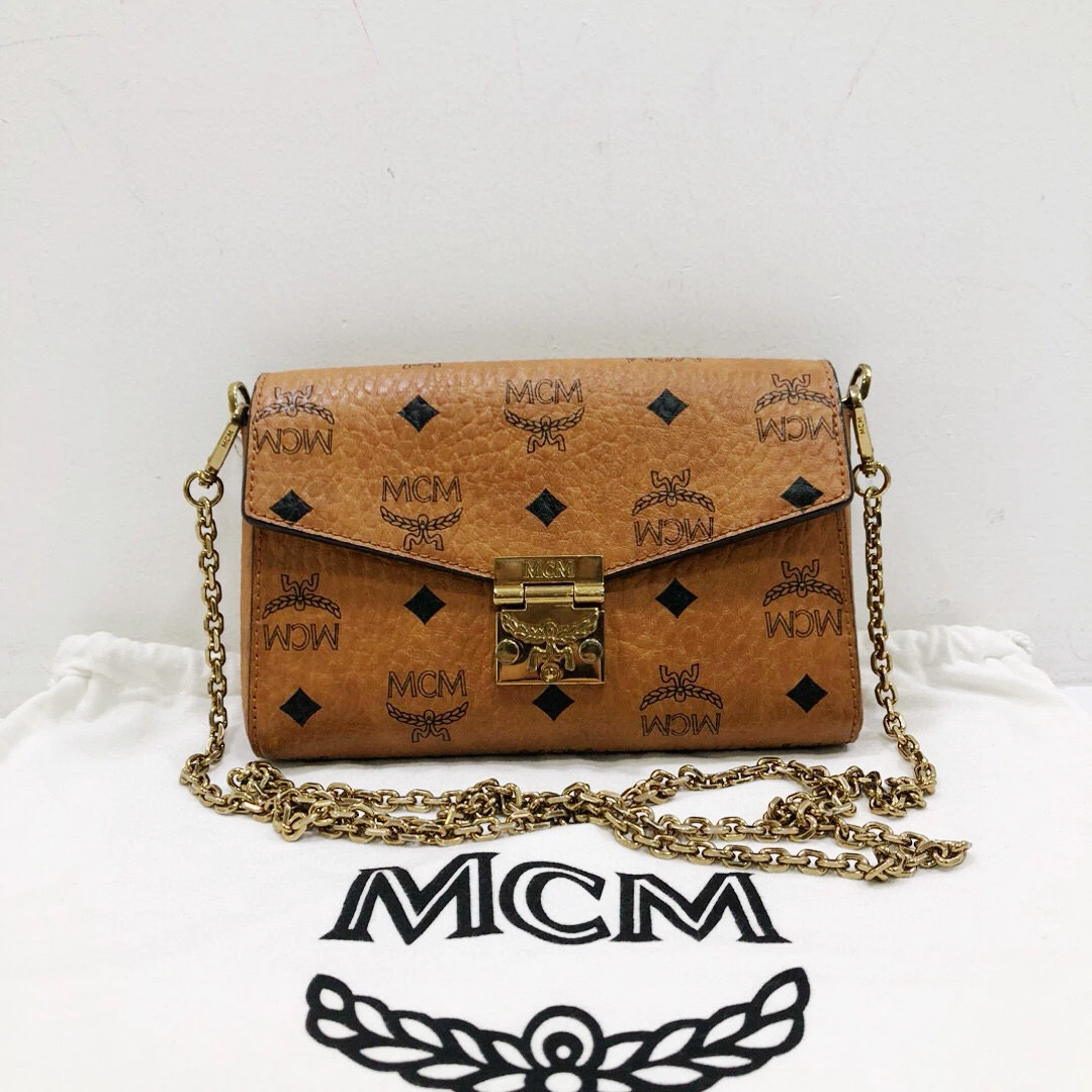 95新 MCM mcm全皮干邑色老花链条单肩斜挎包