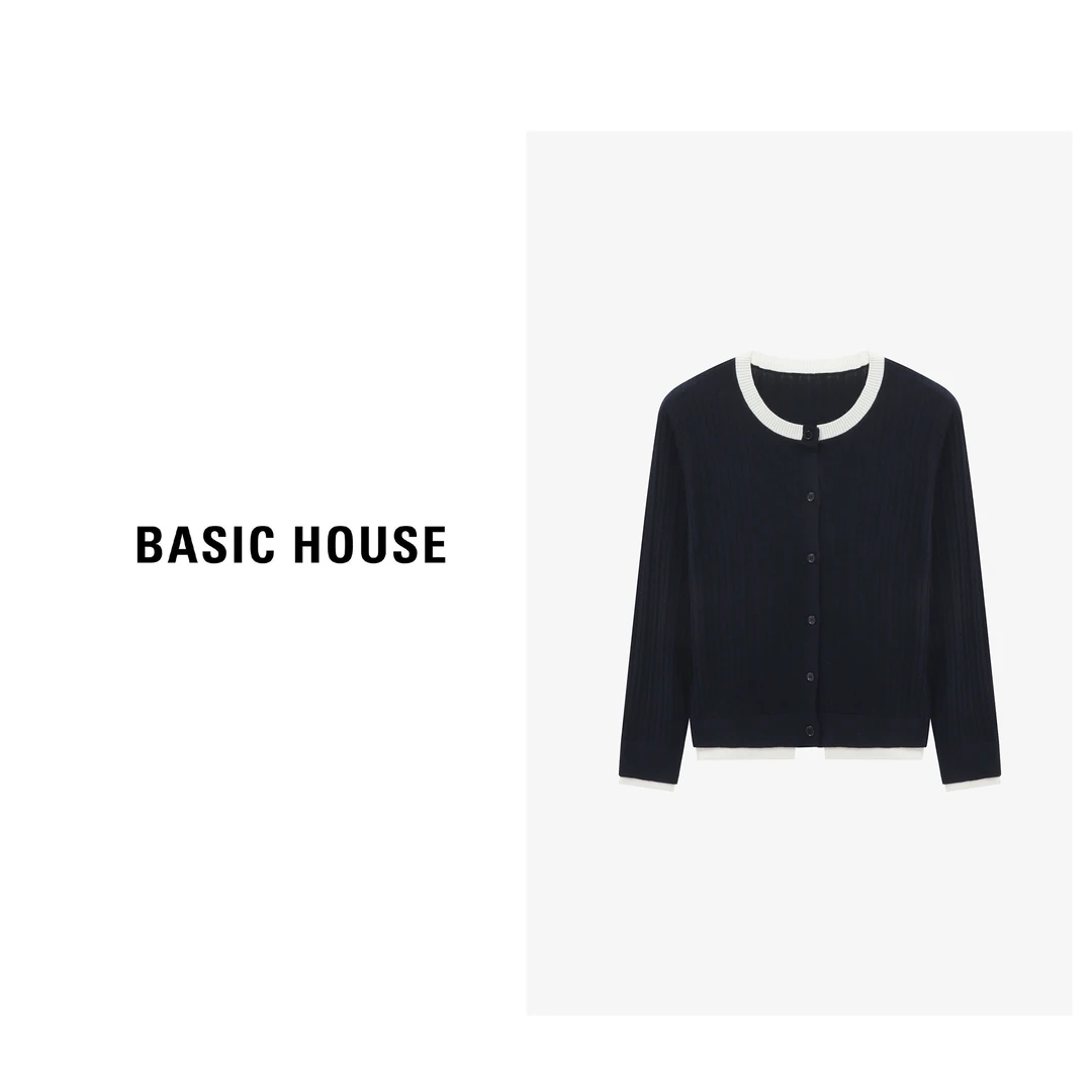 Basic House/百家好百搭圆领长袖休闲拼接圆领针织衫-B0625H5H062