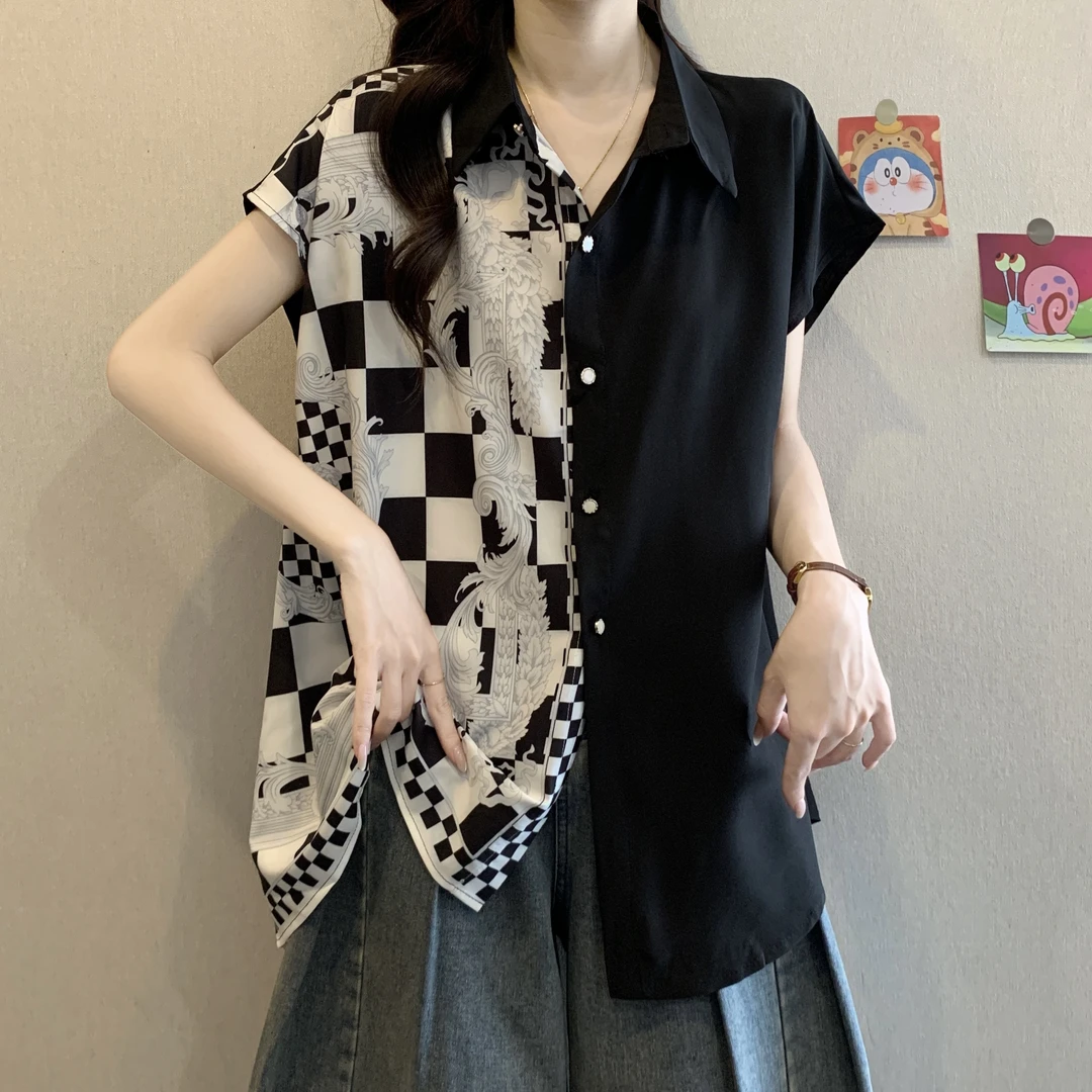 大码女装韩版不规则棋盘格子短袖衬衫女夏季胖mm显瘦宽松遮肚上衣