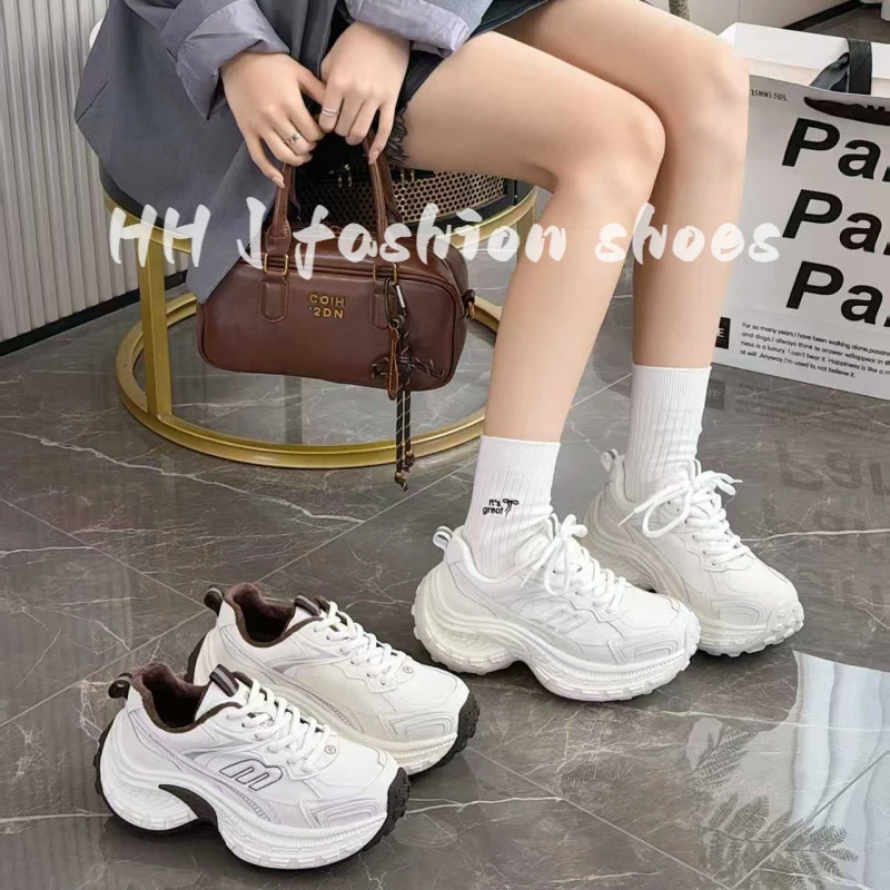 时尚老爹鞋女2025秋冬新款ins真皮加绒运动鞋厚底增高小个子休闲
