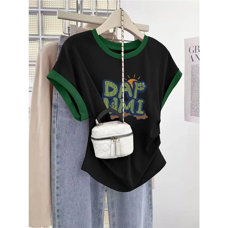 正肩撞色短袖t恤女夏季小飞袖彩色洋气收腰显瘦体恤上衣2025新款