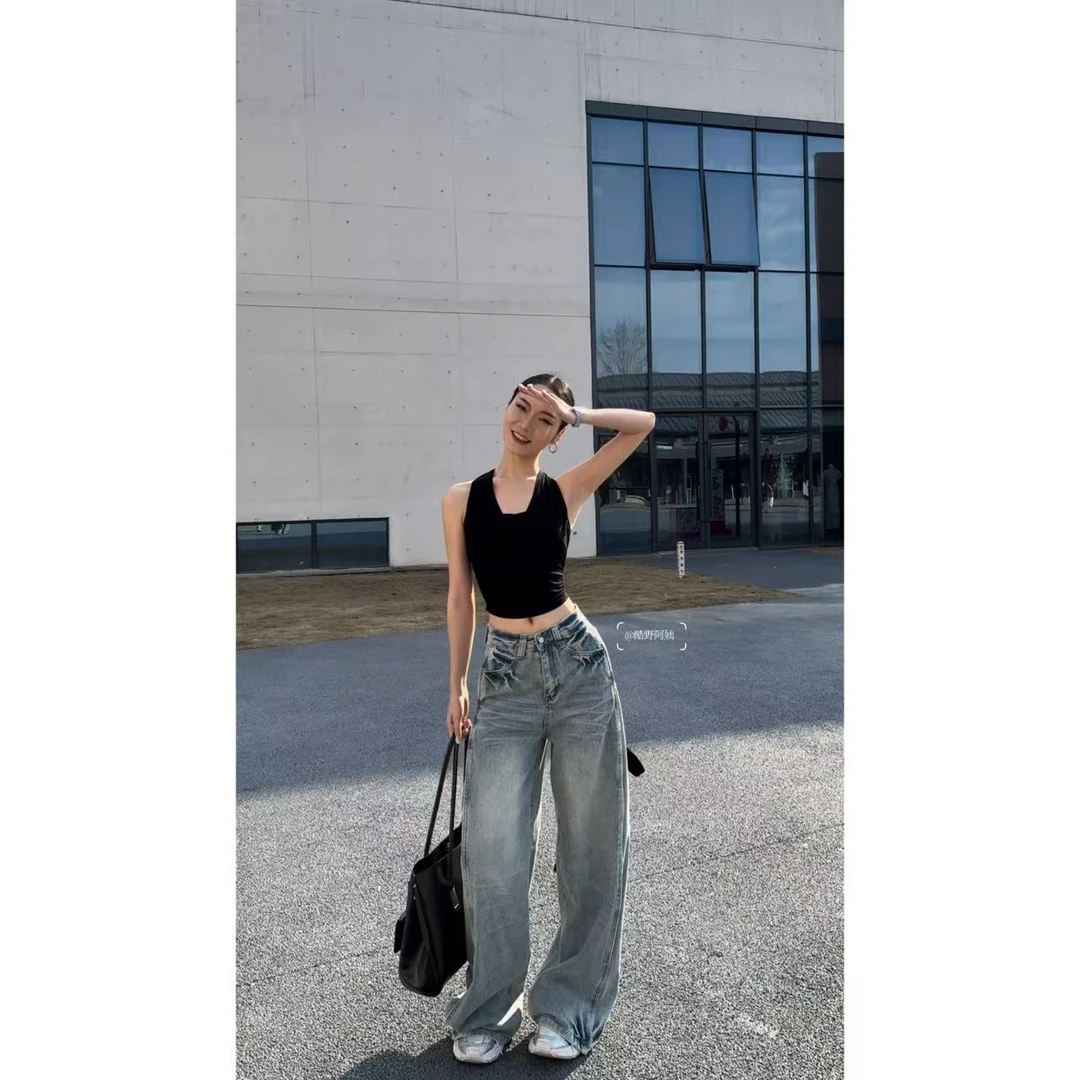 KUYEAYI / 美式辣妹复古做旧牛仔宽松直筒裤