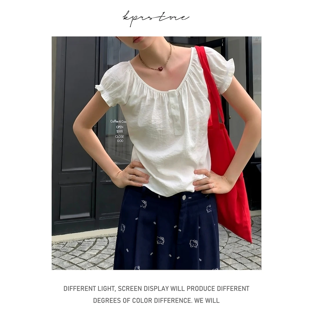 法式苎麻方领泡泡袖修身T恤女新款独特漂亮绝美短袖小上衣