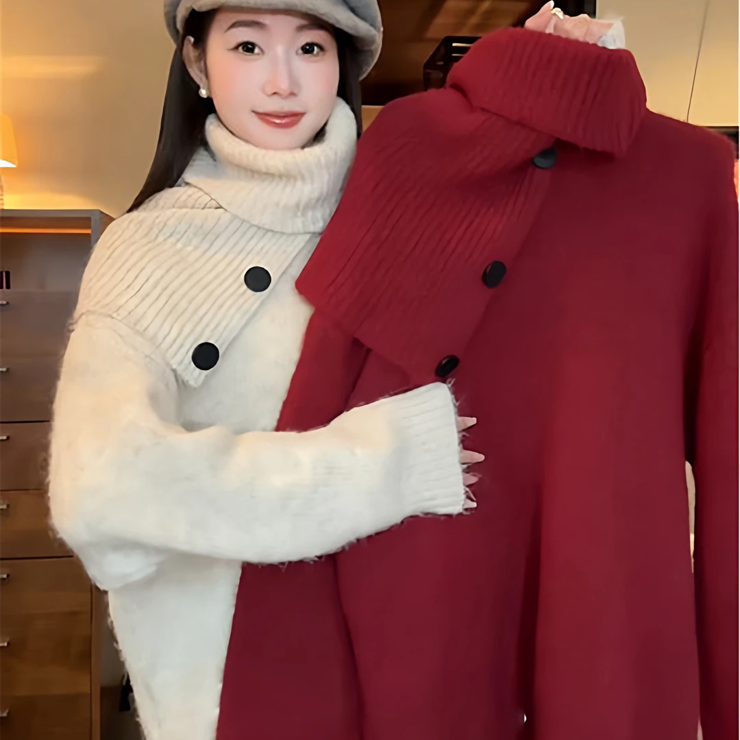 韩系高级感慵懒风高领毛衣女2025秋冬套头可拆围脖针织衫上衣套装