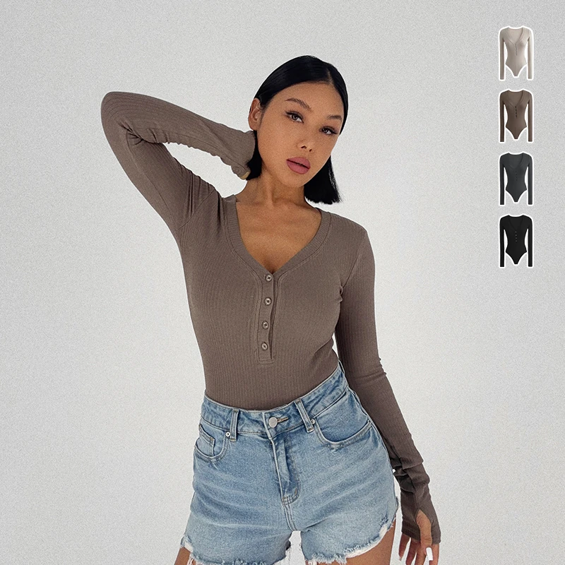 【清仓】连体打底衫女长袖针织螺纹高弹力V领性感欧美前扣设计修身