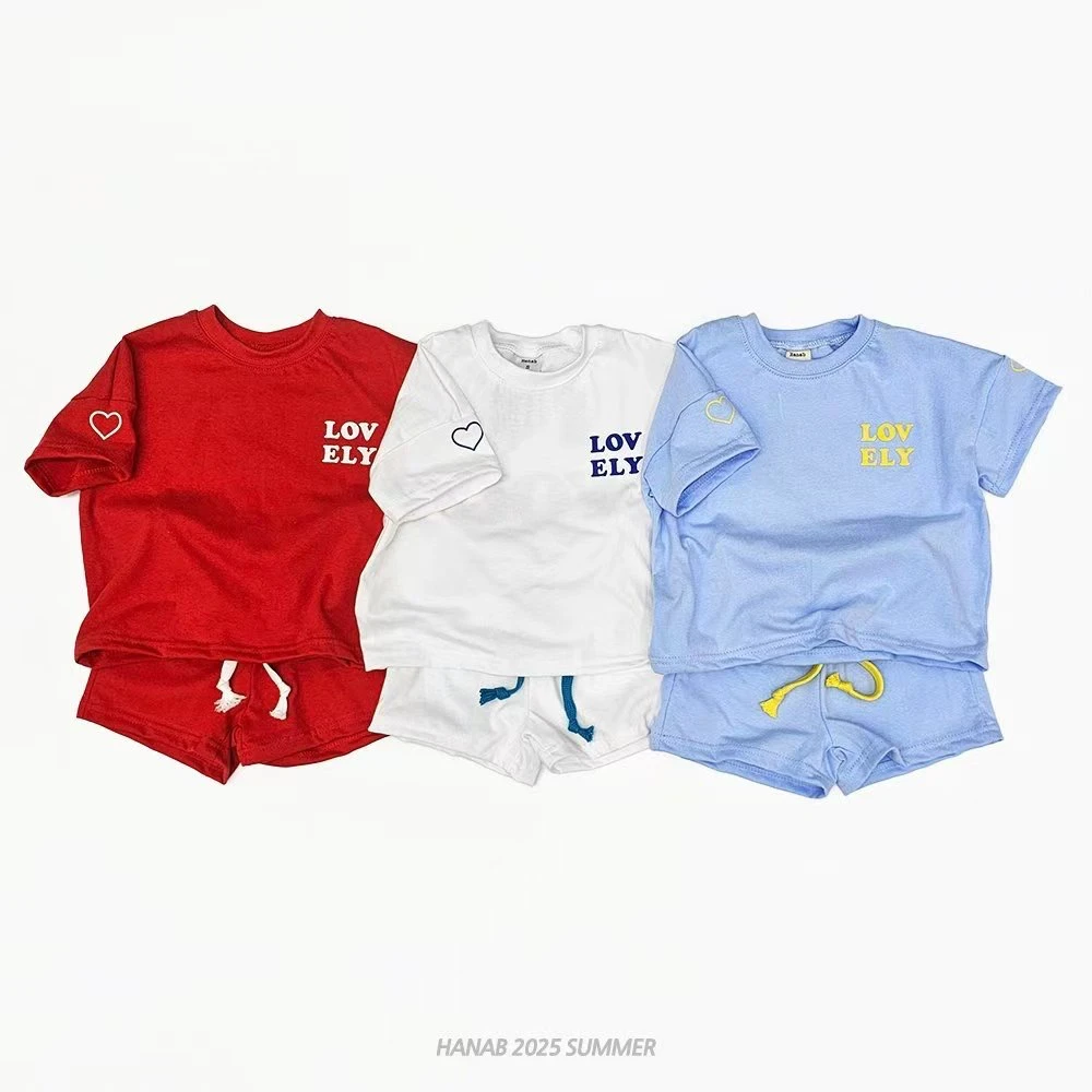韩国星宝家2025夏中大童男女童字母爱心短袖套装