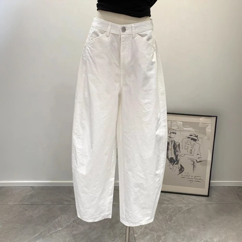 欧货白色弯刀阔腿休闲裤女2025夏季新款高腰宽松显瘦九分镰刀裤子