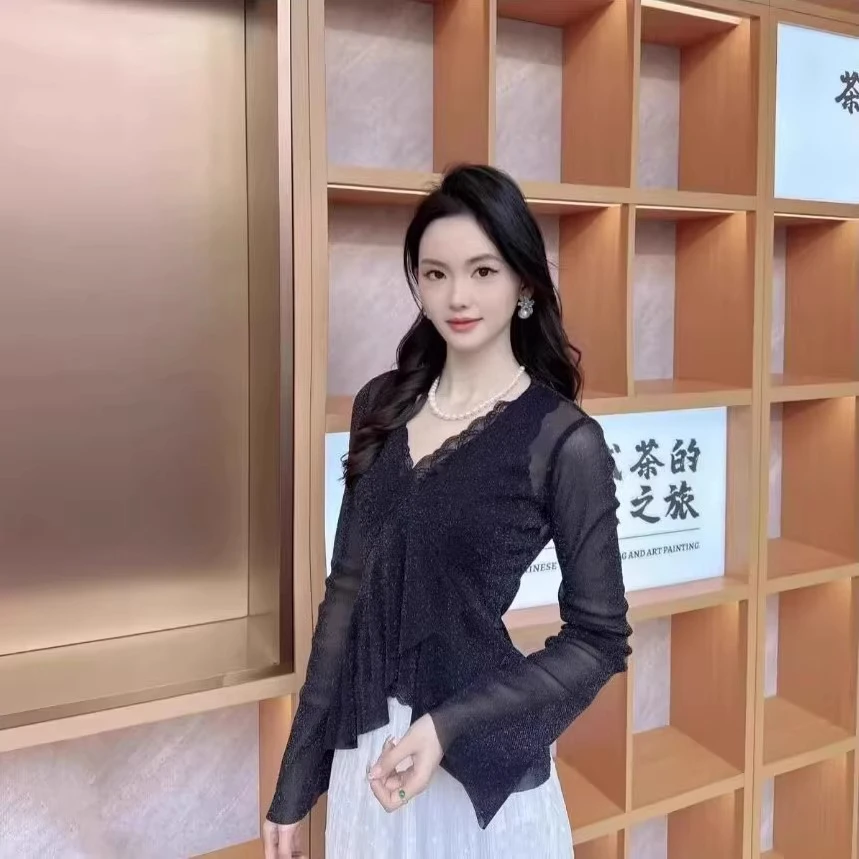 商场同款2025春季新款纱衣修身显瘦V领网纱打底衫长袖T恤女130007