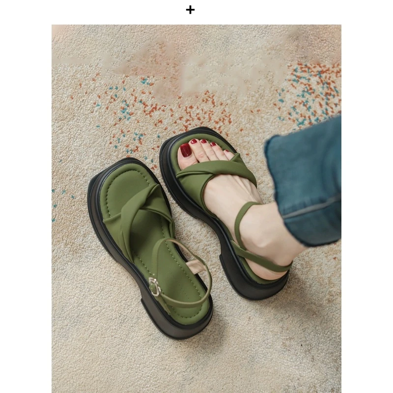 梦孜百丽厚底凉鞋女外穿2025年夏季新款法式一字带罗马露趾沙滩鞋