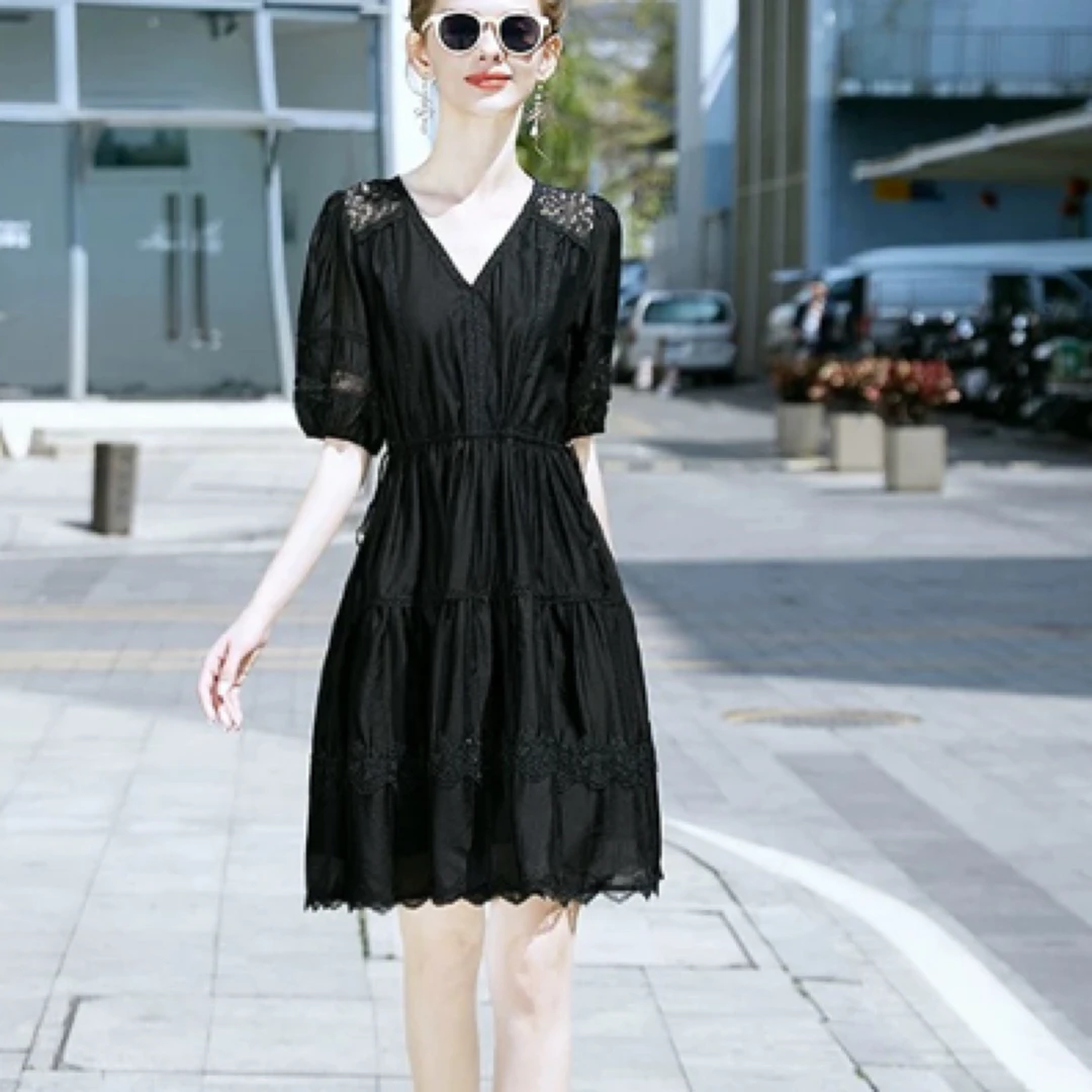 E138连衣裙收腰百搭公主甜美蕾丝泡泡袖夏季中长款宽松