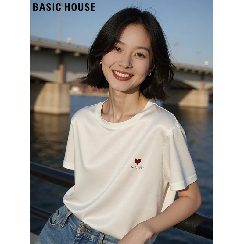 Basic House/百家好韩版简约爱心印花短袖T恤女夏季白色薄款体恤