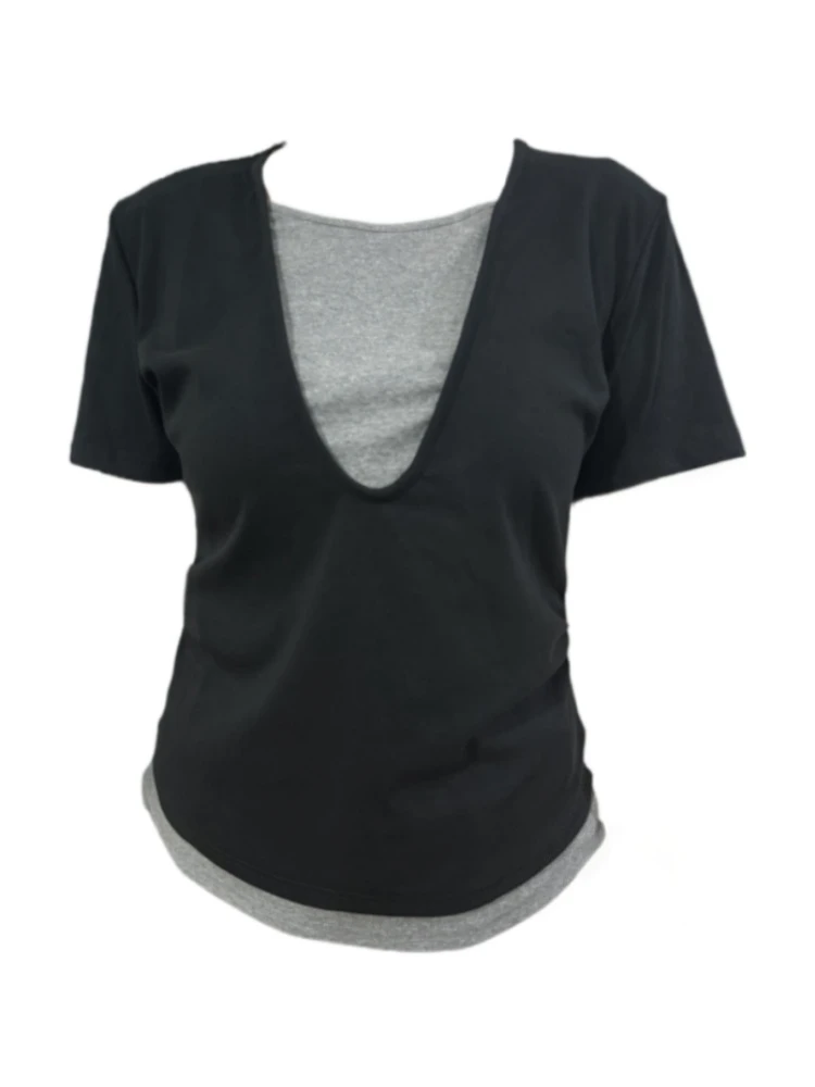 【Amy家】微胖mm设计感拼色假两件短袖T恤女夏季不规则褶皱显瘦上衣