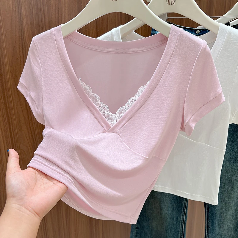 V领蕾丝边别致修身上衣夏季洋气短款正肩短袖T恤薄款针织打底衫女