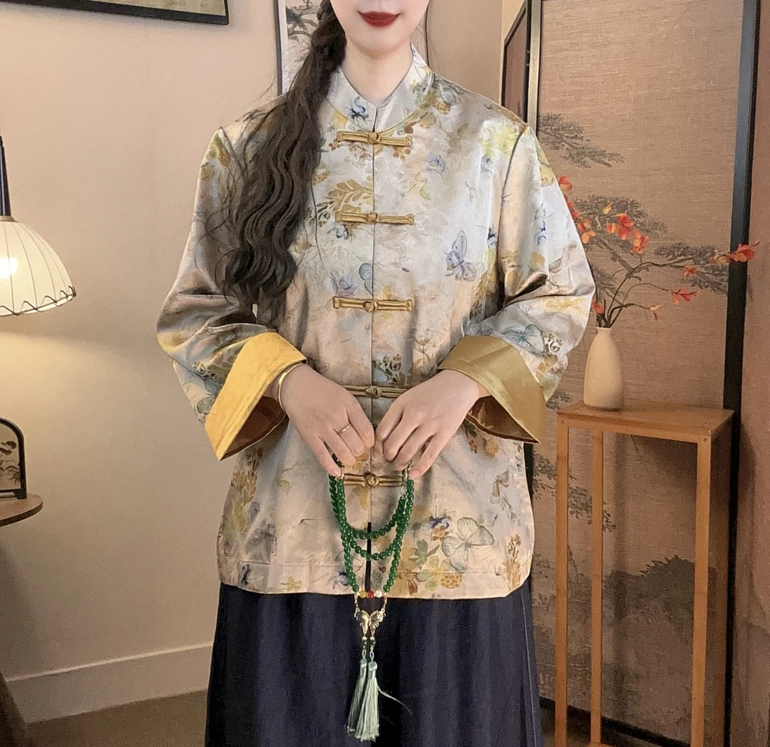 【锦绣花开】常规款宽松印染上衣薄款直襟长袖新中式古风碎花