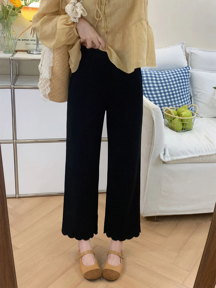 秋季新款高腰显瘦花边休闲裤女胖MM小个子百搭窄版弹力九分直筒裤