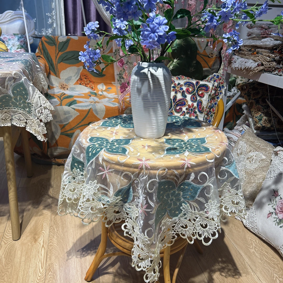 DY041-3-3玻璃纱（90*90cm）蓝色四叶大花瓣花蕊多功能桌布