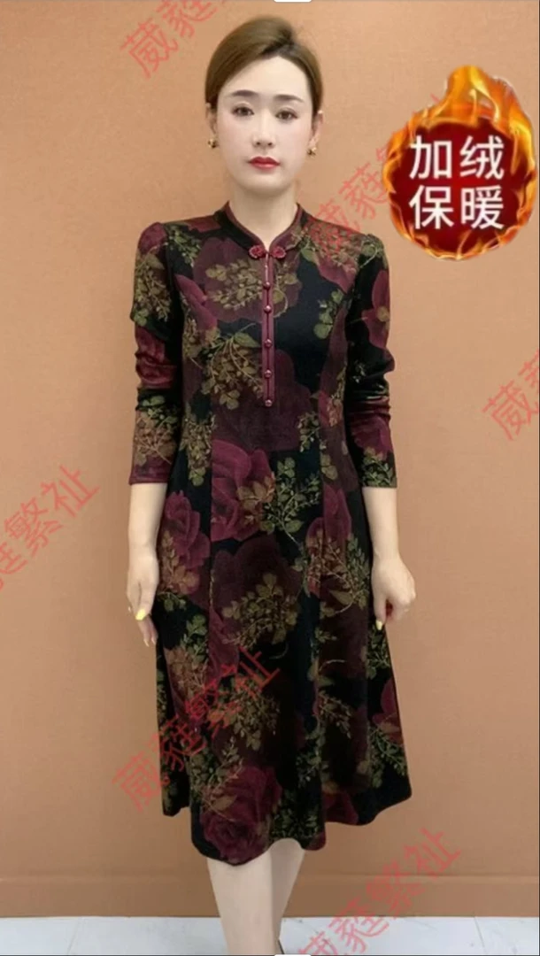 妈妈装秋冬季加绒加厚连衣裙气质改良旗袍遮肉显瘦碎花烫金裙子