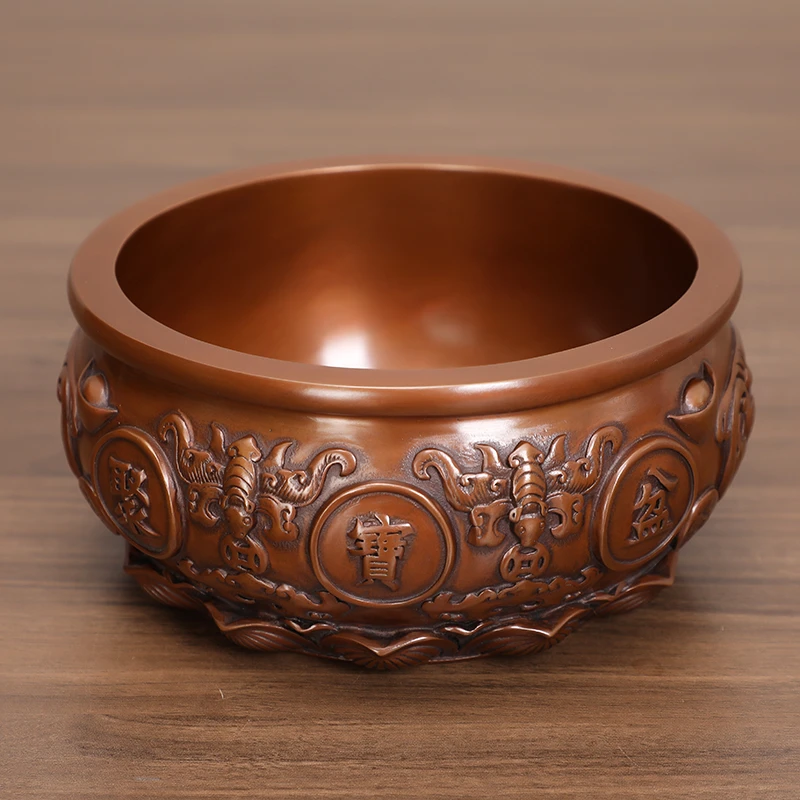 紫铜有福聚宝盆摆件全铜八福十全聚宝盆中式小众客厅书房创意摆设