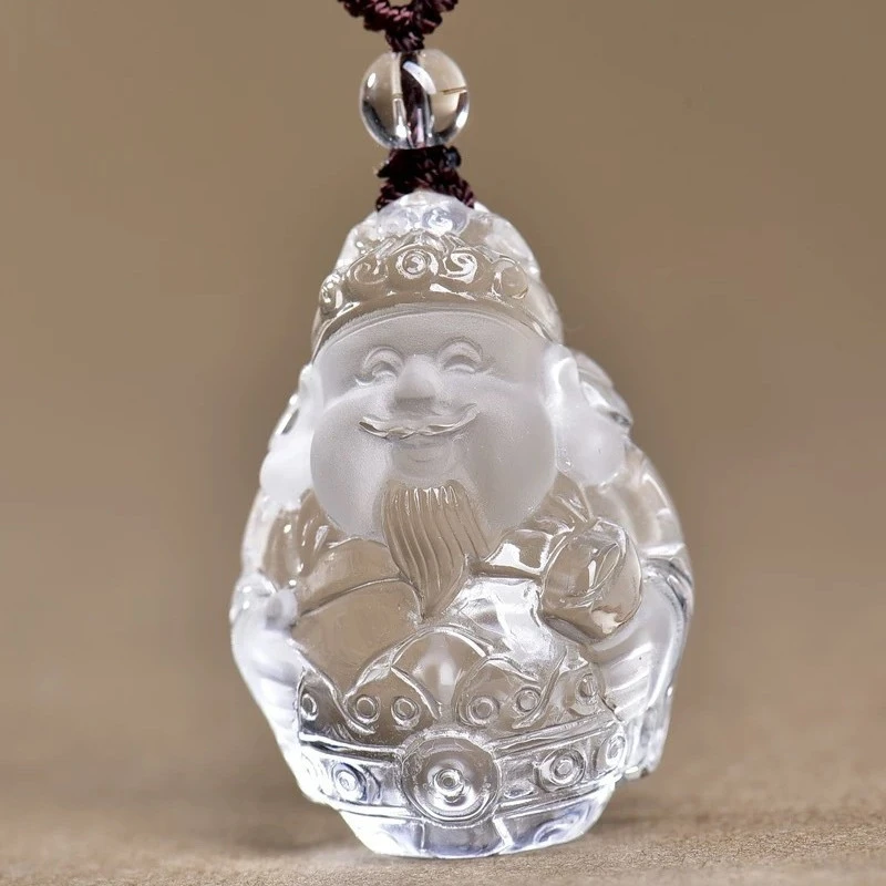 天然白水晶立体雕刻财神爷吊坠 男女款白水晶胖财神项链男士女士