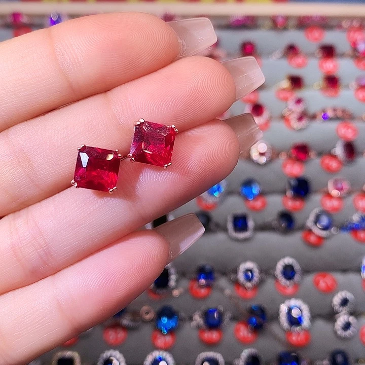 红宝石耳饰银S925镶嵌