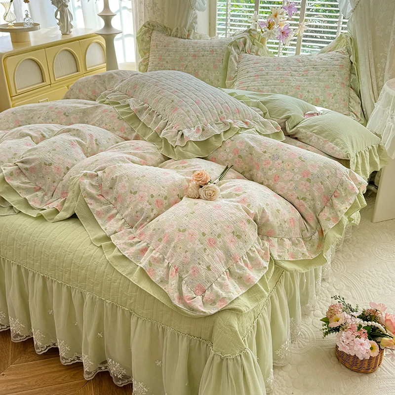 新款活性印花ins风小碎花软糯皱皱棉床盖款四件套花边款被套四季